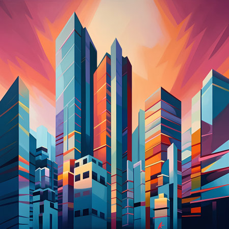 Cityscape with skyscrapers at sunset. Vector illustration in neon styleの素材