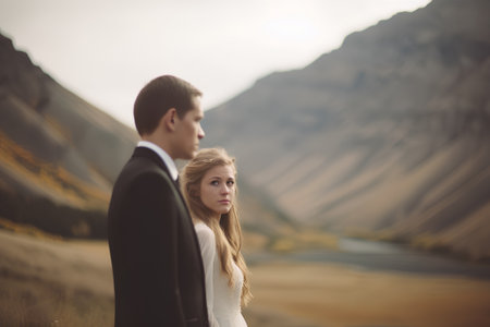 Beautiful wedding couple, bride and groom posing in the mountains.の素材