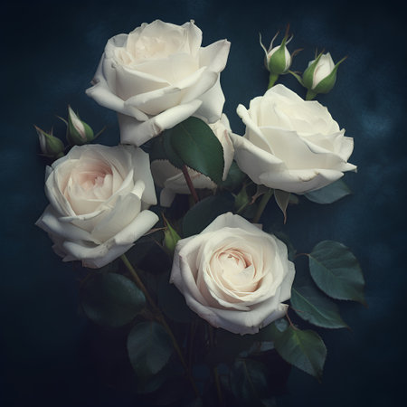 Beautiful white roses on a dark blue background. Toned.の素材