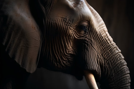 Close up of an elephant's head with a wooden trunk and a black backgroundの素材