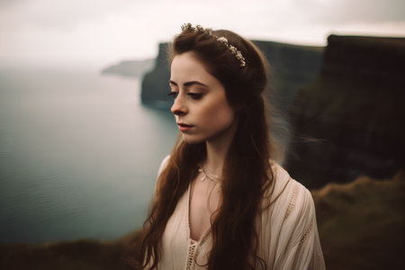 Beautiful young woman in a knitted sweater and a crown on the background of the sea.の素材