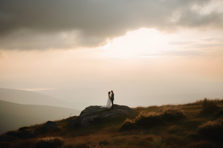 Wedding couple in mountains at sunset. Bride and groom.の素材