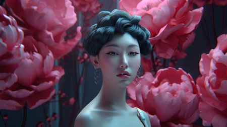 3D illustration of a beautiful woman with flowers in her hair.の素材