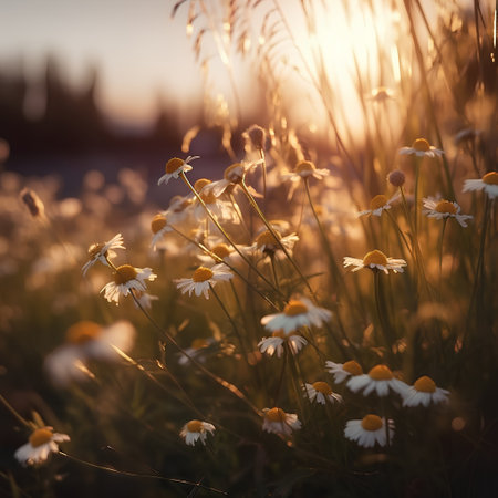 Field of daisies at sunset. Beautiful nature scene with flowers.の素材