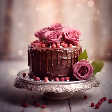 Chocolate cake with pink roses and raspberries on a wooden backgroundの素材