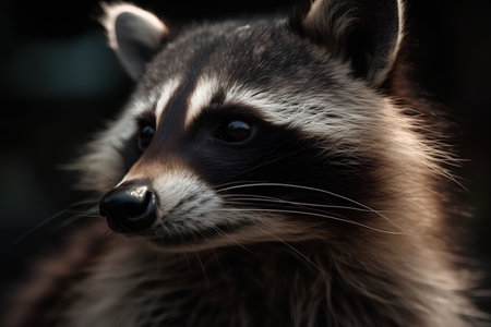 Portrait of a raccoon, close-up on a dark backgroundの素材