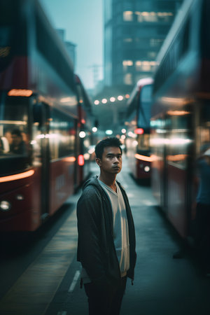 Young handsome Indian man in the city at night with a bus on the backgroundの素材