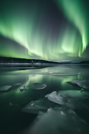Aurora borealis, northern light over frozen lake in winterの素材