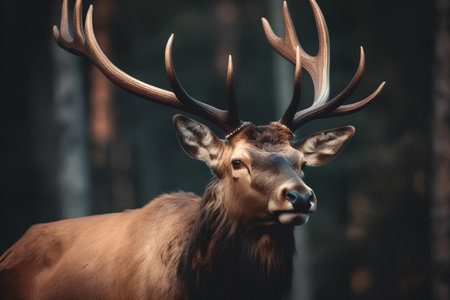 Close up portrait of male elk with antlers in forest.の素材