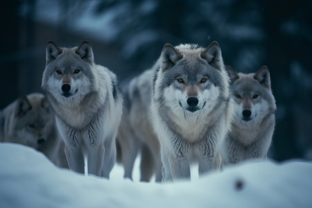 Group of wolves in the winter forest. Selective focus. Toned.の素材