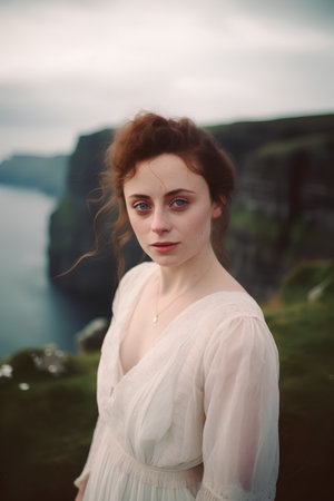 Portrait of a beautiful girl in a white dress on the cliffの素材
