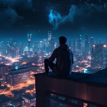 Man sitting on roof and looking at night city. 3D renderingの素材