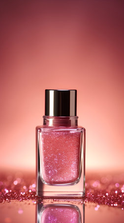 Nail polish bottle on pink background with sparkles and copy spaceの素材