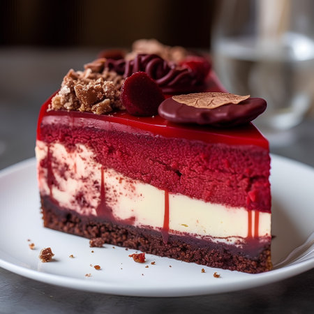 Piece of red velvet cake with chocolate and cherries, selective focusの素材
