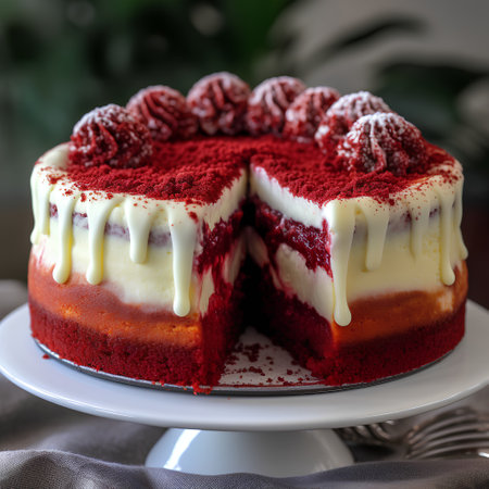 Red velvet cake with raspberries on a white plate close upの素材