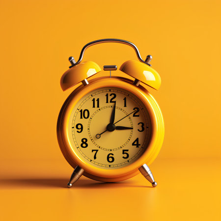 Yellow alarm clock isolated on orange background. 3d render illustration.の素材