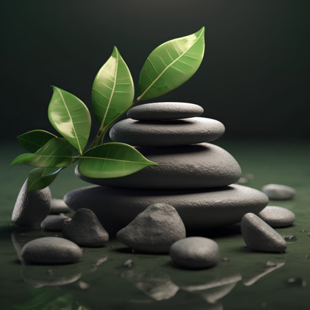 zen stones with green leaves on dark background, 3d render illustrationの素材