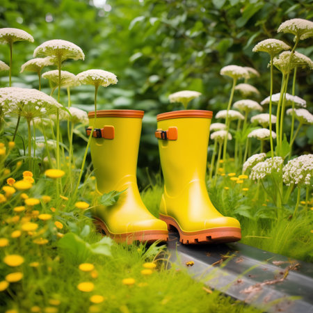 Yellow rubber boots on the grass in the garden. Gardening concept.の素材