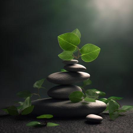 zen stones with green leaves on dark background, 3d render illustrationの素材