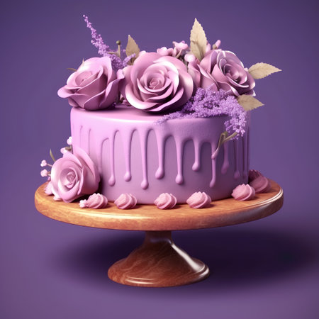 pink birthday cake with roses on a wooden stand on a purple backgroundの素材