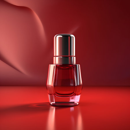 Perfume bottle on a red background. 3d rendering.の素材