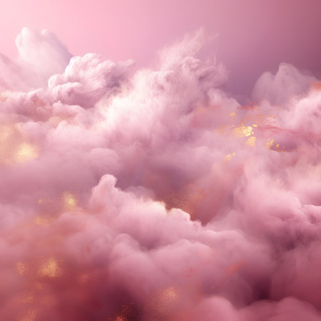 Fantasy cloudscape with golden glitter and sparkles. 3D renderingの素材