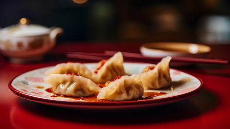 Chinese steamed dumplings with soy sauce on a red plateの素材