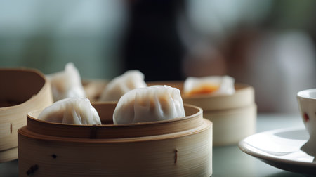 steamed dumpling dim sum in bamboo steamer on tableの素材
