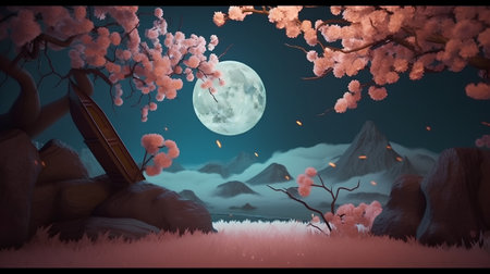 Cherry blossom in the mountains at night with a full moonの素材