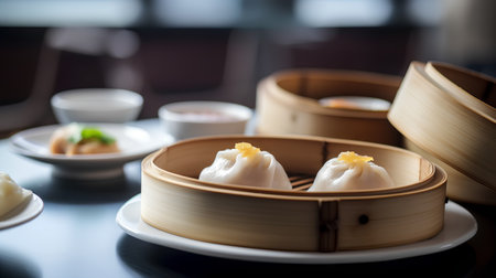 Chinese steamed dumpling dim sum in bamboo steamer.の素材
