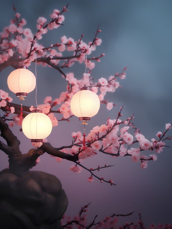 Chinese lanterns on the background of a blooming cherry tree.の素材