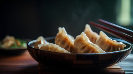 Chinese dumplings in a bowl with chopsticks on a wooden tableの素材