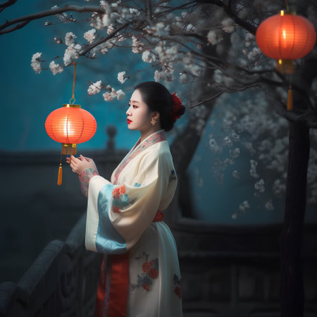 Beautiful asian woman in traditional kimono with red lanternsの素材