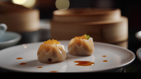 Chinese steamed dumplings on a white plate in a restaurantの素材