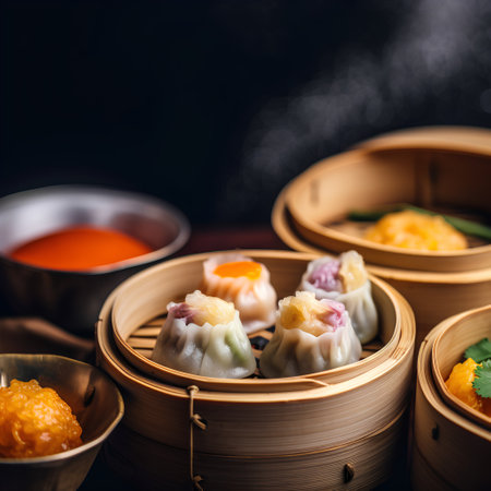 Chinese steamed dumplings in bamboo steamer on dark backgroundの素材