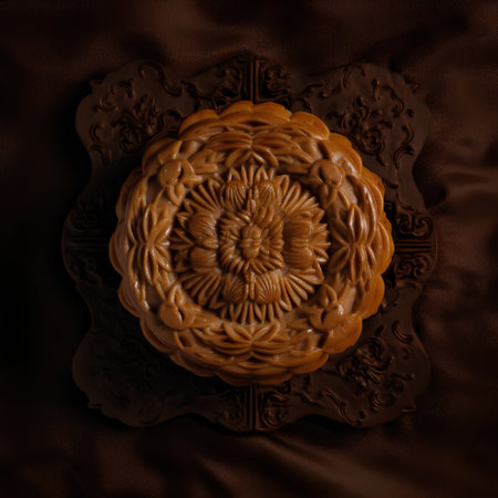 Moon cake on a brown satin background. 3d rendering.の素材