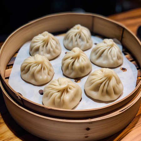 Chinese steamed dumplings in bamboo steamer on wooden tableの素材