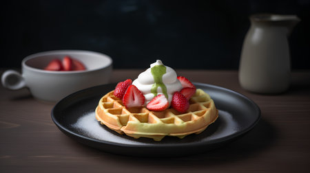 Belgian waffles with whipped cream and strawberries on a black plateの素材