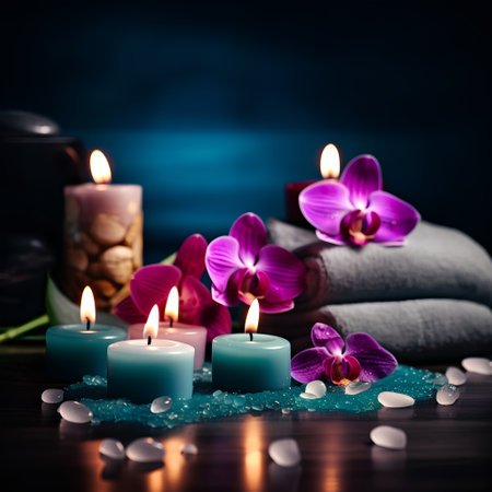 Spa still life with candles and orchids on dark backgroundの素材