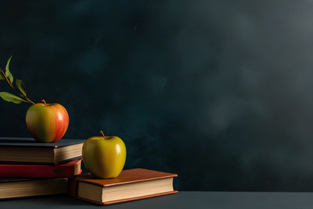 Stack of books and apple on dark background. Back to school conceptの素材