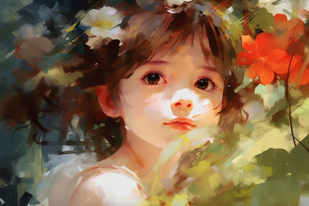 Portrait of a little girl with a flower in her hair.の素材