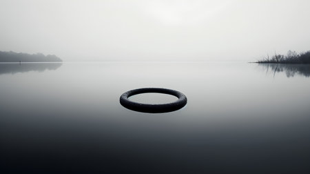 A single ring on a calm lake in a misty landscape.の素材