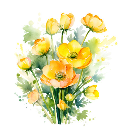 Watercolor bouquet of yellow poppies on a white backgroundの素材