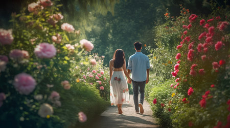 couple in love walking in rose garden on a sunny summer dayの素材