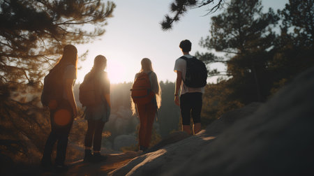 Back view of a group of young people standing on the edge of a cliff and looking at the sunsetの素材