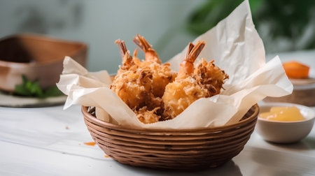 Fried Shrimps in a Basket on a White Backgroundの素材
