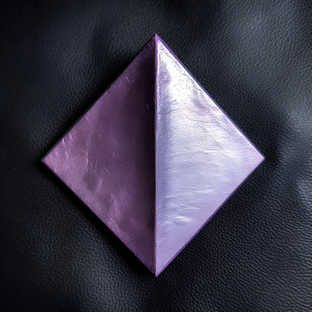 Purple pyramid on a black leather background. 3d illustration.の素材