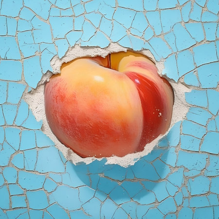 Peach on a blue cracked wall with a hole in the middleの素材