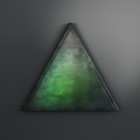 3d rendering of a green triangle on a dark grey background.の素材