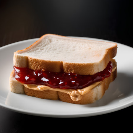 Slices of bread with strawberry jam on a plate on a black backgroundの素材